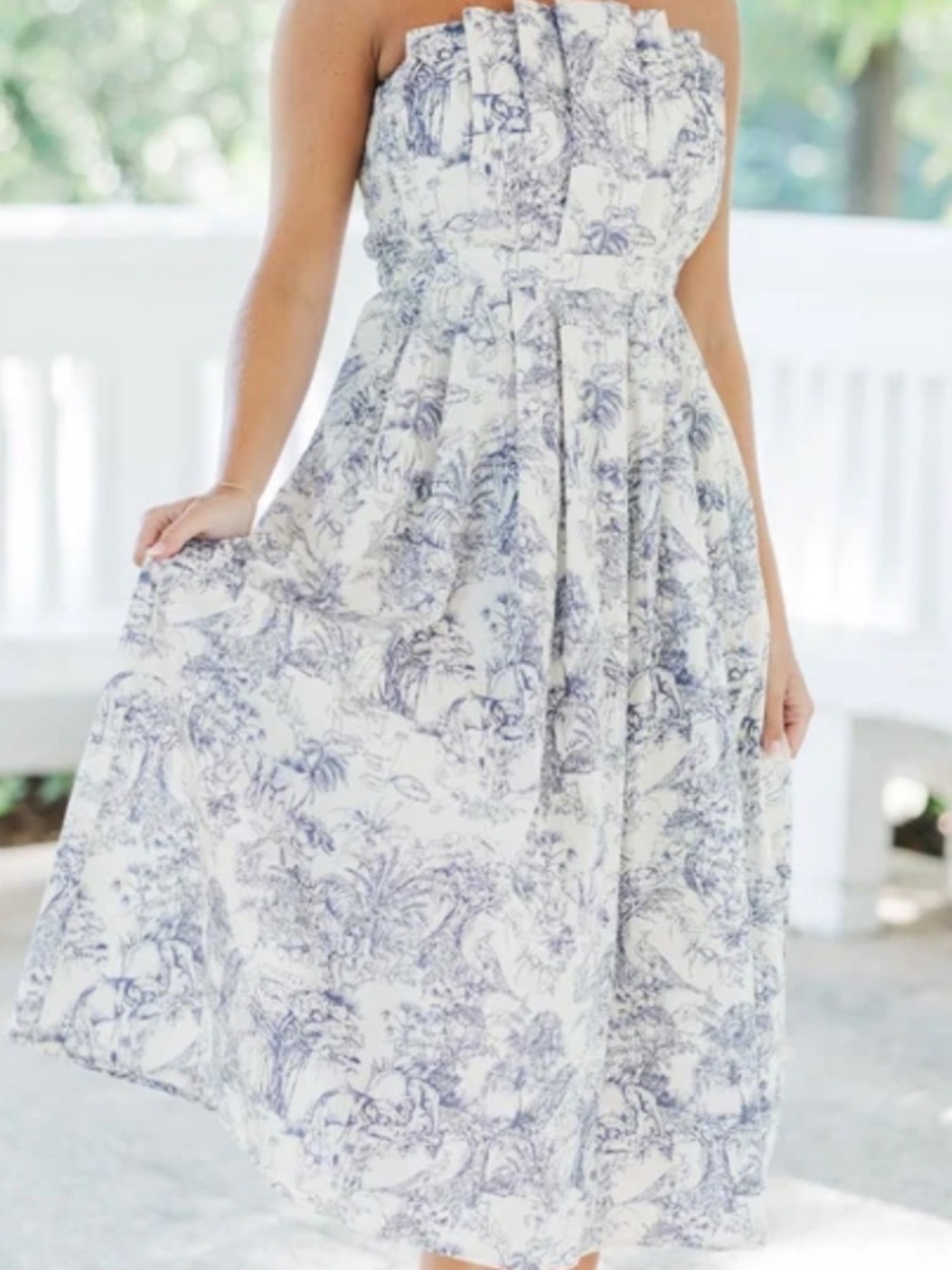 Ivory Blue Toile Jungle Print Strapless Pleated dress